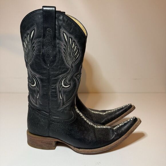 Mens Black Cowboy Boots Stingray Imitaition Leather Pointed Toe Sz 6 Arango Boot - Picture 8 of 12